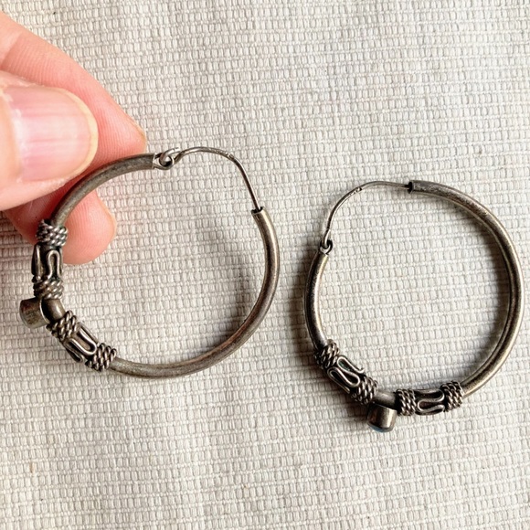 Vintage Large Turquoise Sterling Silver 925 Bali Style Inlay Hoop Post Earrings - Picture 16 of 16